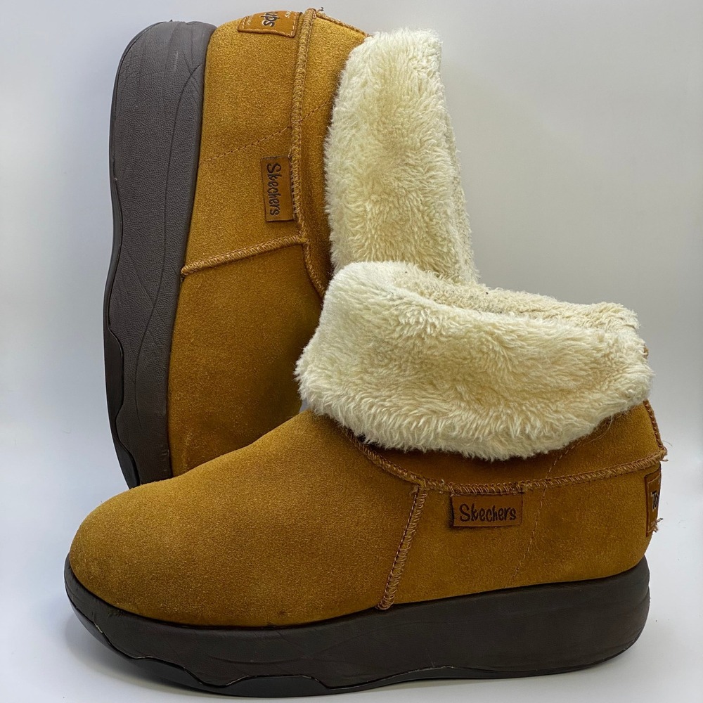 Skechers Cozy Chestnut Tone-Ups Platform Faux Fur Suede Winter Booties - Size 8